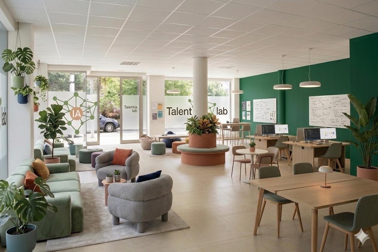 Interior del laboratorio TalentIA Lab en Manacor — zona de trabajo y zona de estar con luz natural